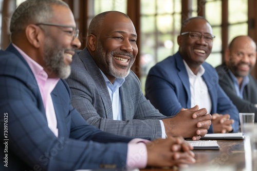 Senior African American executive speaks, engaging colleagues in discussion, boardroom scenario. Elder businessman articulates points, team listens in modern meeting space, leadership presence