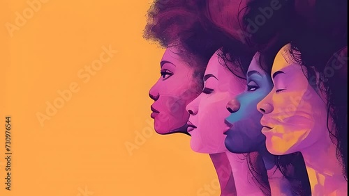 Profiles of four women with their features blending into a gradient of purple and orange hues against a yellow background photo