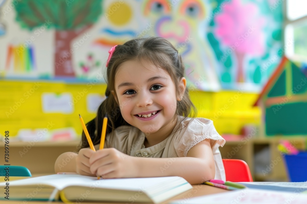 Child girl learning at school, with books and pencils Child girl learning at school, with books and pencils