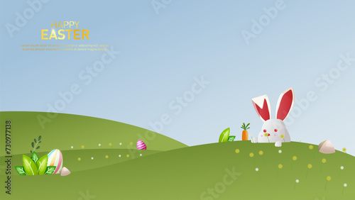 Easter day background with land and rabbit, easter egg