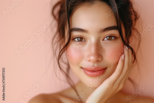 Woman Posing for Picture With Pink Background beauty face concept with woman face
