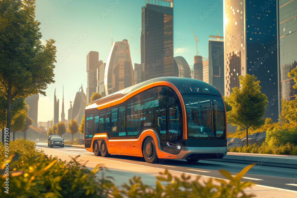 Obraz premium Tomorrow's Travel: Modern Electric Bus in Urban Wonderland