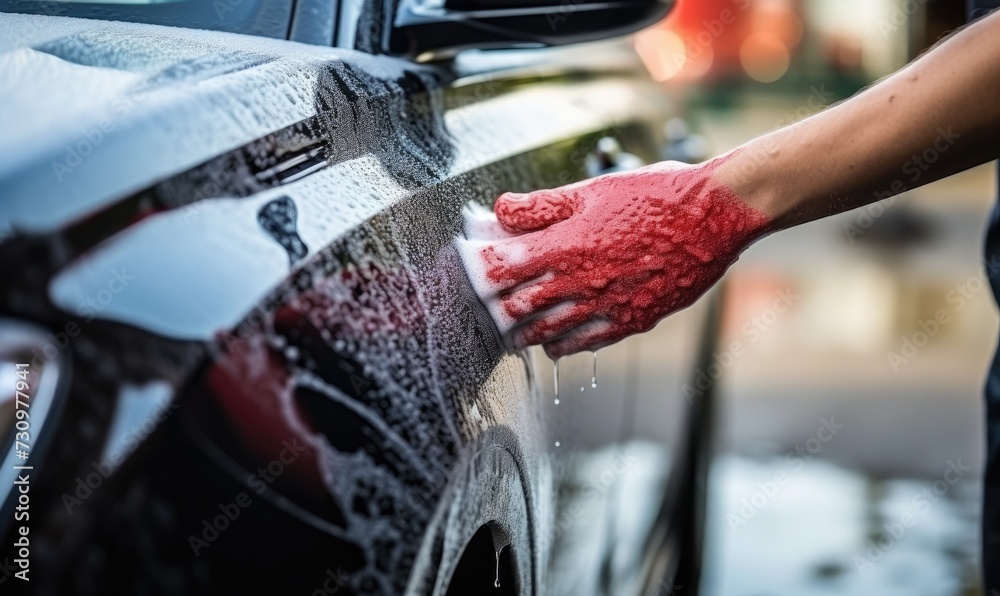 Washing Away Dirt and Grime: Revitalizing the Car's Shine with a Soapy Sponge - obrazy, fototapety, plakaty 