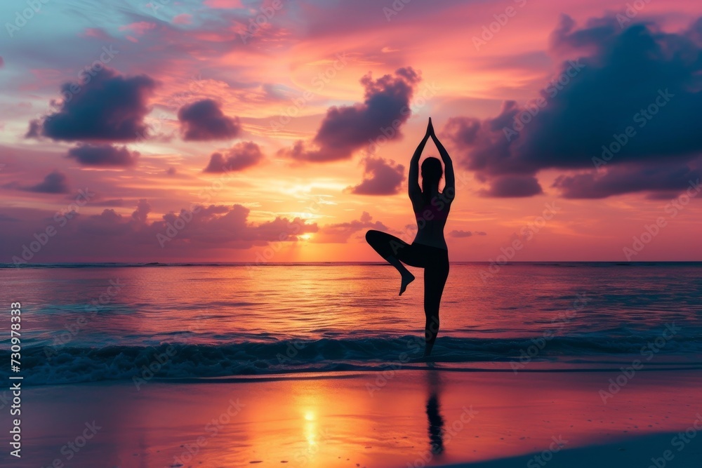 Silhouette of a yoga practitioner at sunset on the beach