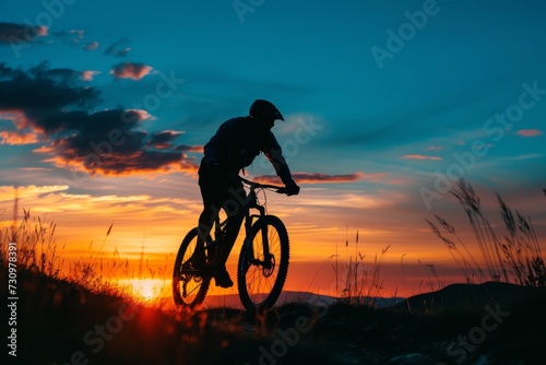 Silhouetted mountain biker at sunset on a rugged trail © furyon