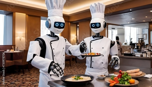 Robo chefs preparing food in restaurant's kitchen  photo