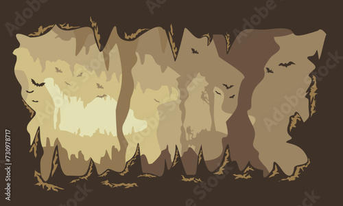 inside cave illustration template with stalactites and stalagmites vector background.