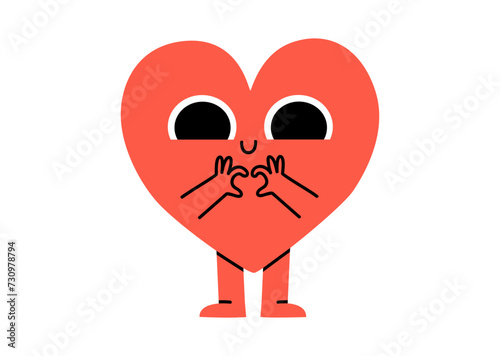 Hand drawn cute illustration heart character makes heart with arms. Fall in love feeling character in doodle style. Valentine's Day holiday romantic mascot with hand gesture sticker, icon. Isolated.