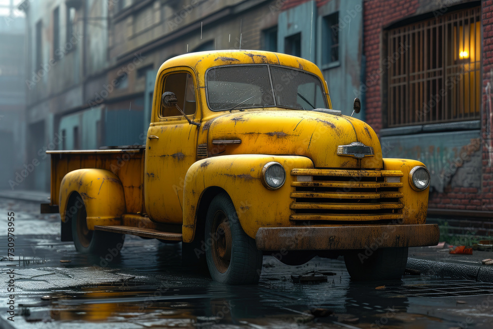 Vintage Yellow Pickup Amid Urban Charm