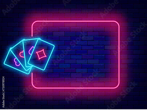 Poker club neon promotion banner. Playing cards and empty pink border. Casino flyer. Vector stock illustration