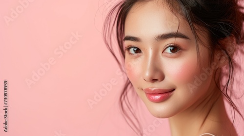 Woman Poses Against Pink Peach Background, beauty concept background with woman face model