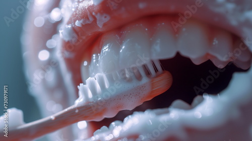 Close up of brushing teeth. AI Generative. photo