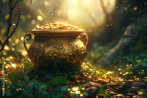 Gold pot full of coins on magic forest. Fantasy fairy tail background. St. Patrick's day holiday symbol. Template for design card, invitation, banner