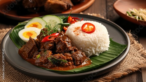 Beef rendang or nasi rendang sapi is a minang dish originating from the minangkabau west sumatra, realistic, HD, copy space - generative ai