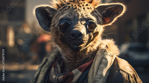 close-up selfie portrait of a grinning hyena hipster
