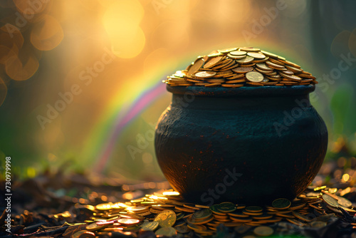 Gold pot full of coins and rainbow on dark magic forest. Fantasy fairy tail background. St. Patrick's day holiday symbol. Template for design card, invitation, banner