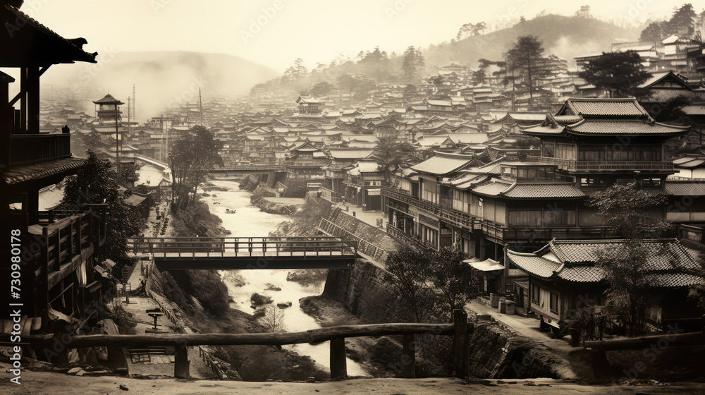 昔の温泉街、架空の日本の古い写真、Generative AI