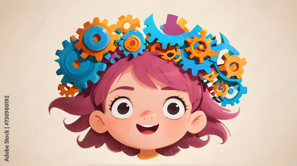 The girl is a cartoon with different gears organically woven into her hair. The girl is a cartoon with different gears organically woven into her hair.