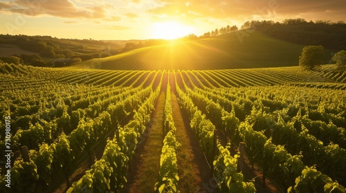 Sun-kissed vineyard rows at sunset with golden light background