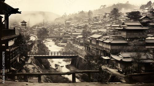 昔の温泉街、架空の日本の古い写真、Generative AI