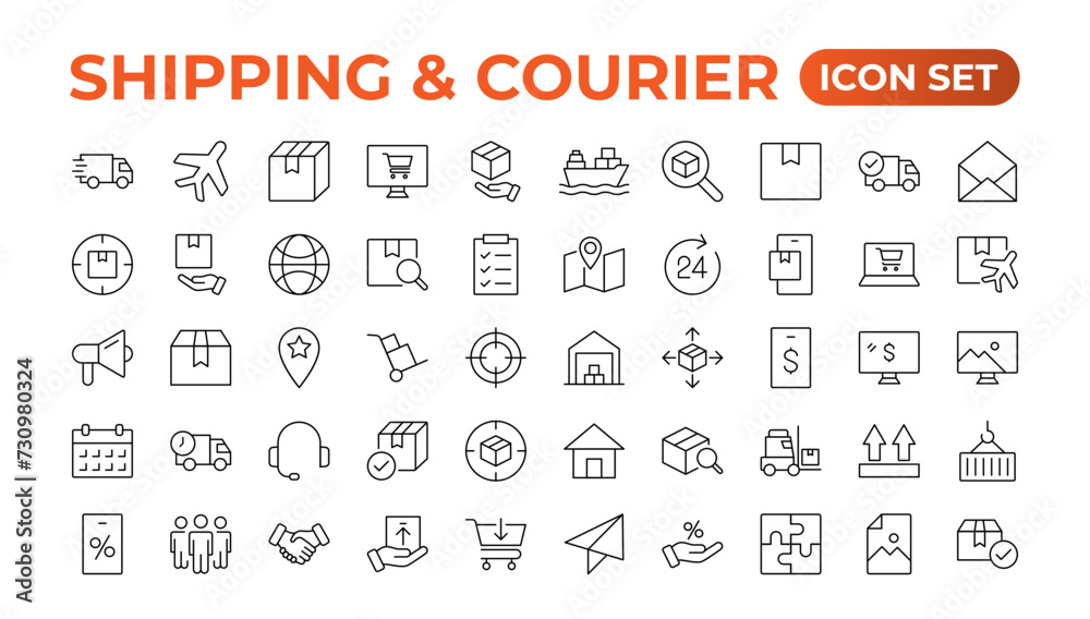 Delivery icons set. Collection of simple linear web such as Shipping By Sea Air,Date, Courier,  Return Search,Parcel, Fast Shipping. service icon Contains order tracking, courier, and cargo icons.
