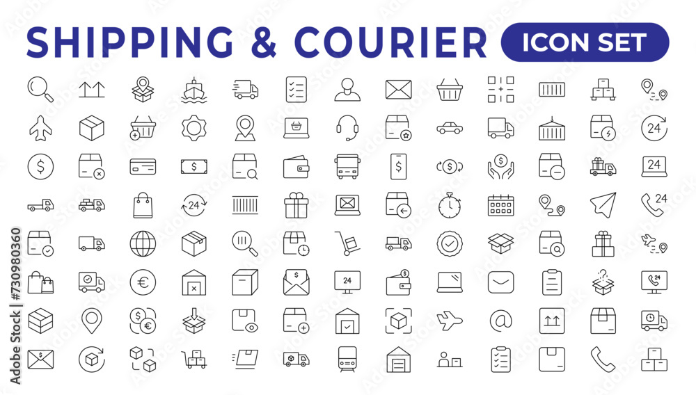 Delivery icons set. Collection of simple linear web such as Shipping By Sea Air,Date, Courier, Return Search Parcel, Fast Shipping. service icon Contains order tracking, courier, and cargo icons. Delivery icons set. Collection of simple linear web such as Shipping By Sea Air,Date, Courier, Return Search Parcel, Fast Shipping. service icon Contains order tracking, courier, and cargo icons.