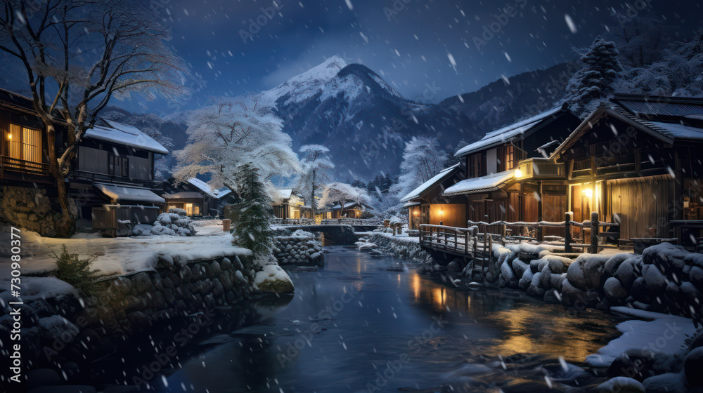 Fototapeta premium 冬の雪国の夜景、架空の日本の古い写真、Winter snow country, imaginary Japanese landscape. A nostalgic old image.Generative AI