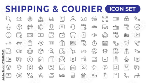 Delivery icons set. Collection of simple linear web such as Shipping By Sea Air,Date, Courier,  Return Search Parcel, Fast Shipping. service icon Contains order tracking, courier, and cargo icons.