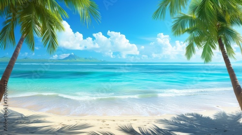 Tropical paradise beach scene with palm trees and turquoise sea on a sunny blue background