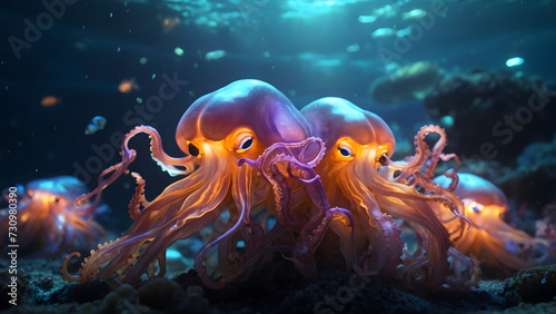 Encounter the mysterious depths of the ocean, where exotic creatures like the glowing octopus and squid with their captivating tentacles dwell in the abyssal beauty. © SMURFFYx