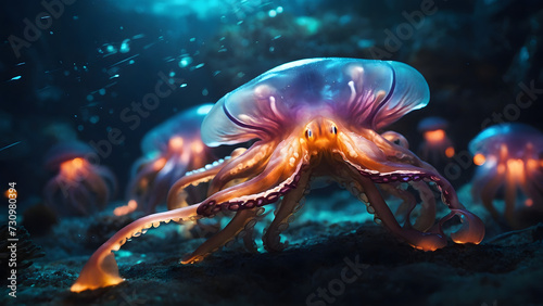 Explore the mesmerizing underwater world, encountering exotic marine creatures like glowing octopus and squid with their intricate tentacles and fascinating mimicry skills. © SMURFFYx