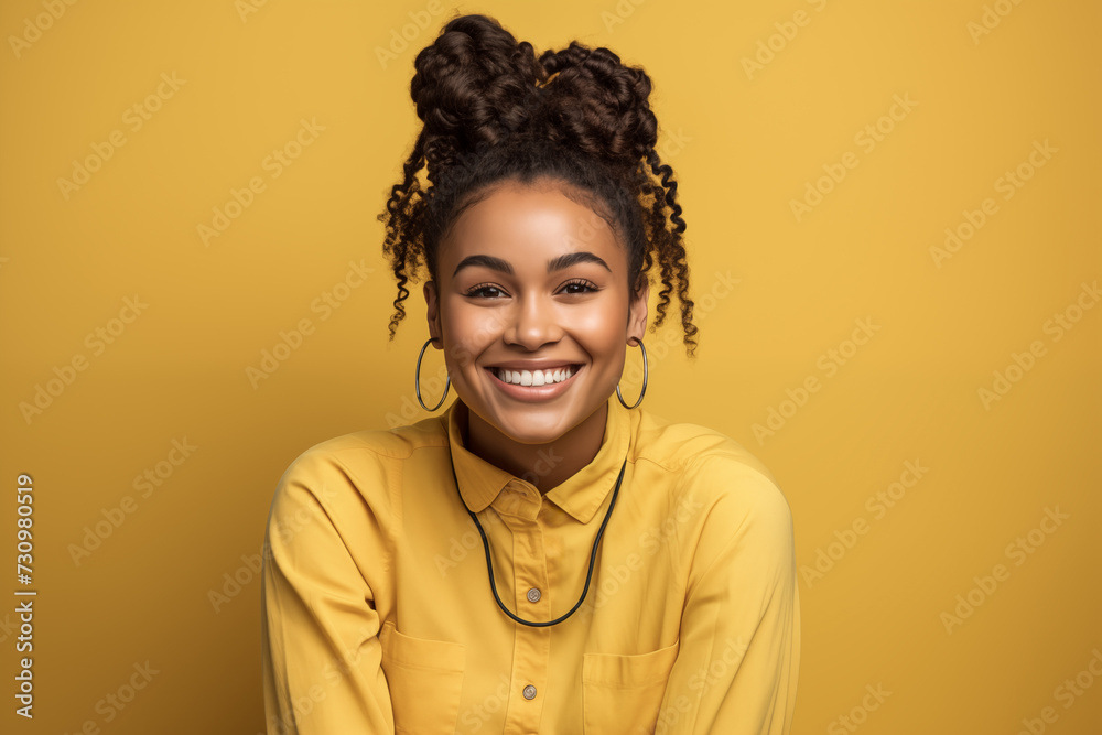 Smiling and peaceful, front view of a black young woman with braids sitting over yellow backdrop. yellow day. Smiling and peaceful, front view of a black young woman with braids sitting over yellow backdrop. yellow day.