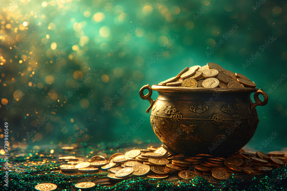 Gold pot full of coins on blurred green background with golden bokeh lights. Fantasy fairy tail background. St. Patrick's day holiday symbol. Template for design card, invitation, banner - obrazy, fototapety, plakaty 