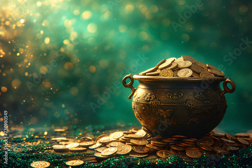 Gold pot full of coins on blurred green background with golden bokeh lights. Fantasy fairy tail background. St. Patrick's day holiday symbol. Template for design card, invitation, banner
