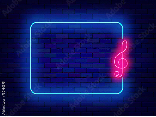 Music concert neon advertising. Dance party. Empty blue frame and treble clef symbol. Vector stock illustration
