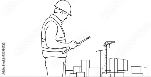 Line drawing of A worker checking construction site's safety barriers & signage, ensuring construction safety, safety inspection, workplace safety, hazard identification, & construction regulations