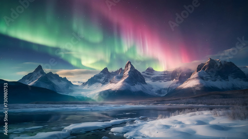 Experience the enchanting dance of the northern lights over snowy shores and rugged mountains, revealing the ethereal beauty of Scandinavia's winter wonderland.