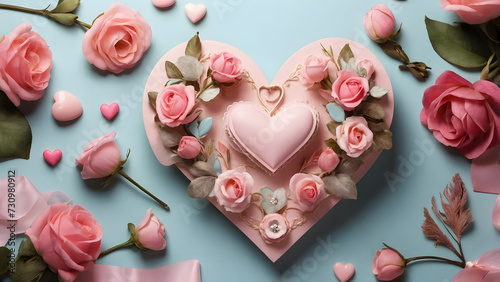 Vibrant pink flowers surround a heart, forming a modern and romantic backdrop for Valentine's Day celebration.