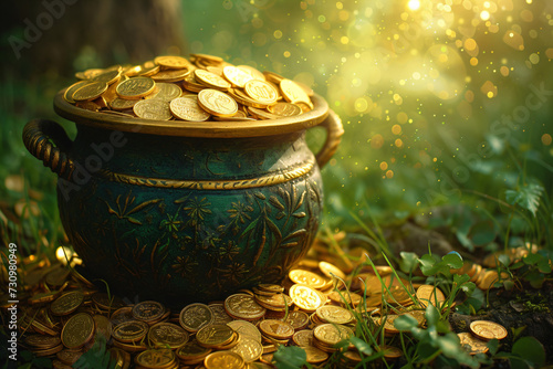 Gold pot full of coins on dark magic forest. Fantasy fairy tail background. St. Patrick's day holiday symbol. Template for design card, invitation, banner