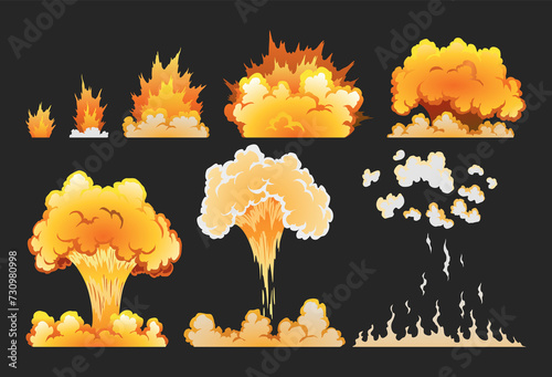 Explosion animation effect for game, separate frames. Burst explosion in cartoon style. Bomb or bang. isolated illustration