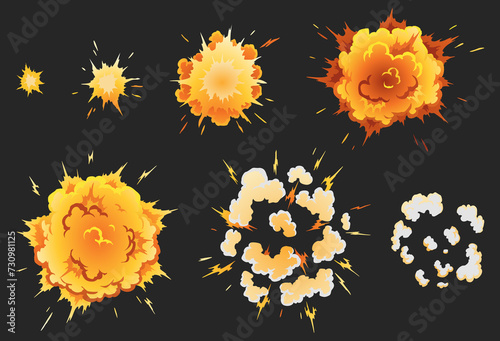 Explosion animation effect for game, separate frames. Burst explosion in cartoon style. Bomb or bang.  isolated illustration photo