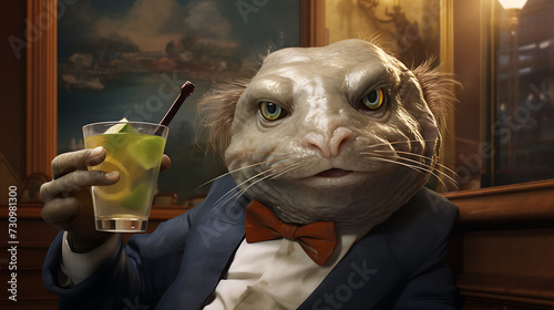 Close-up selfie portrait of a hilarious catfish with a cocktail photo