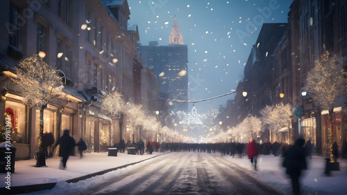 Winter street scene with snowy sidewalks, showcasing the serene beauty of urban life amidst the tranquil charm of a snow-covered city. photo