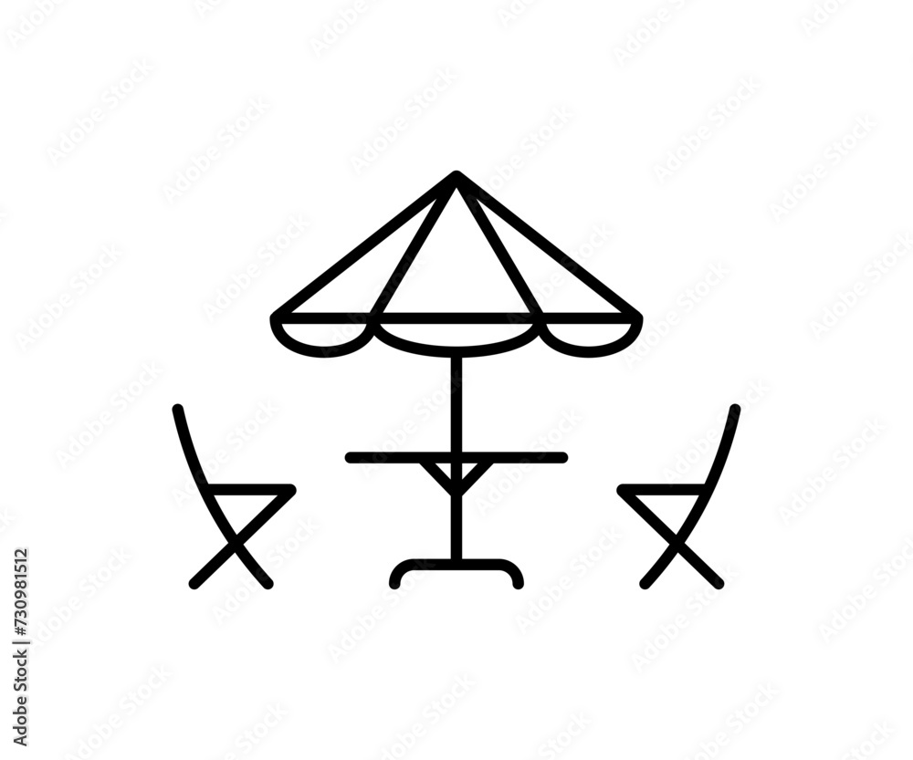Table with chairs and parasol icon. Editable stroke. Vector illustration design.