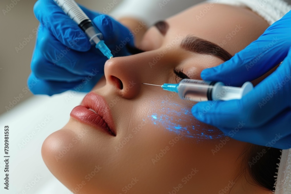 Naklejka premium A Woman Getting a Permanent Tattoo on Her Face, face cosmetology injections