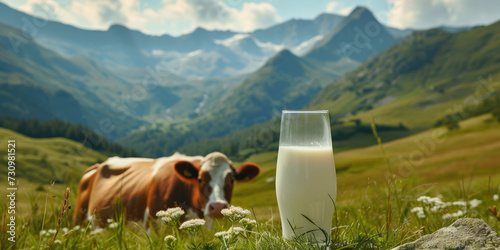 Milk in glass and dairy cow on the background of mountain landscape. Copy space photo