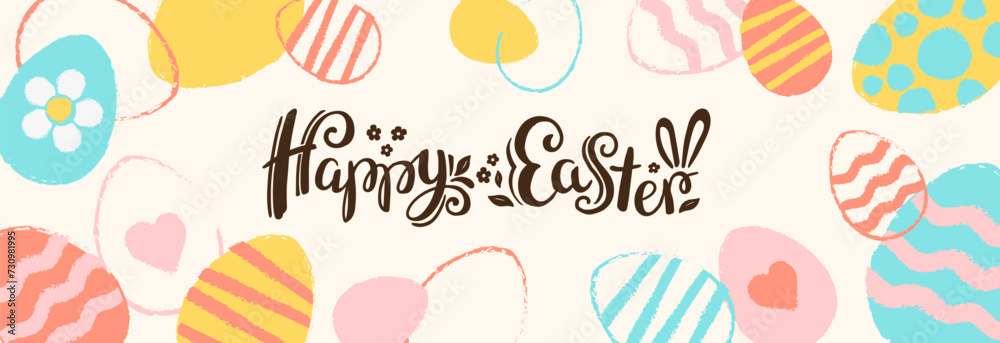 Vector hand drawn silhouette of Easter eggs and Happy easter lettering. Background with text message for banner, card