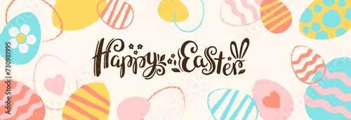 Vector hand drawn silhouette of Easter eggs and Happy easter lettering. Background with text message for banner, card