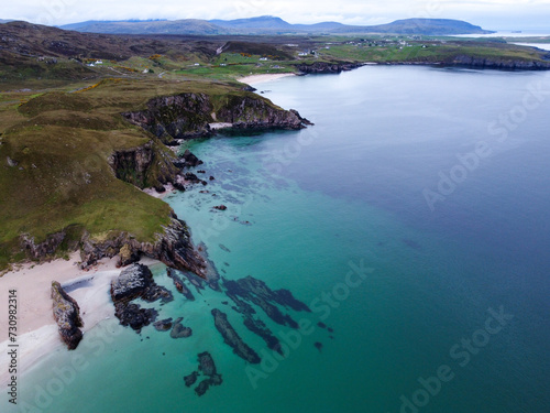 Travel in Scotland , North Coast 500 nc500, View of Ceannabeinne Beach near Durness on north coast of , clear and transparent blue water, Highland Region , Scotland, Uk