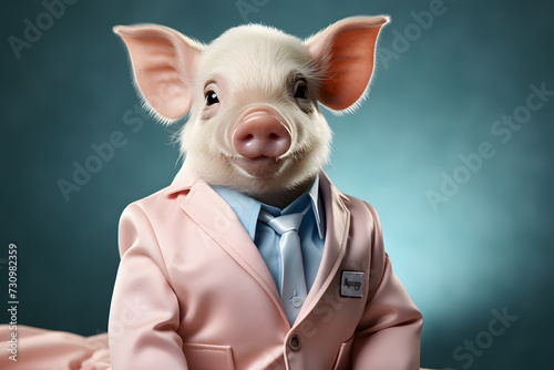 Pig in Chic Attire Guides Attention with Assurance